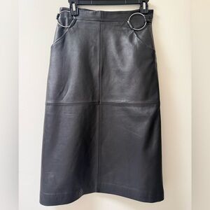 Topshop Black Faux Leather Midi Skirt with Silver Ring Details